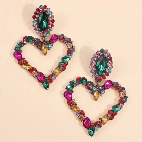 Gold Tone Multi-Color Heart Shape Glass Crystal Dangle Statement Earrings - Picture 2 of 7
